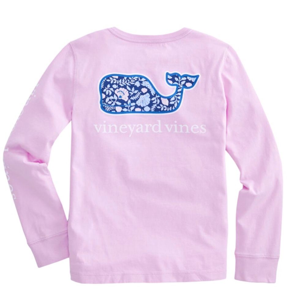 Vineyard Vines Girls Coastal Floral Whale Fill Long-Sleeve Pocket Tee, Small
